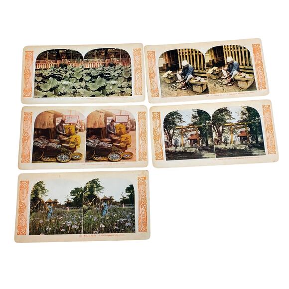 Antique World Series Japan Color Stereoview Lot of 5 Temple Shoe Maker Mending - Picture 1 of 9